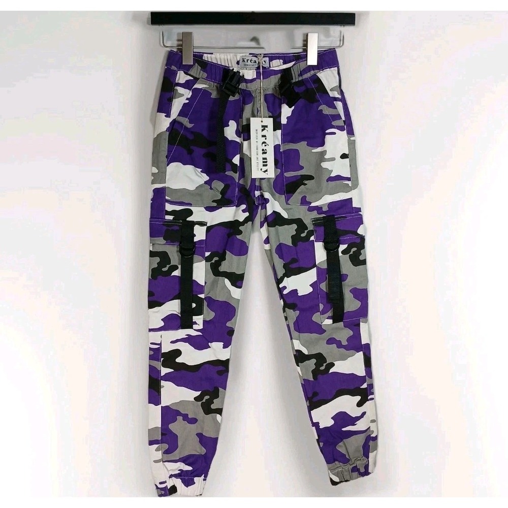 Womens Kreamy‎ Camo Pants Purple Medium Cargo Jogger Streetwear